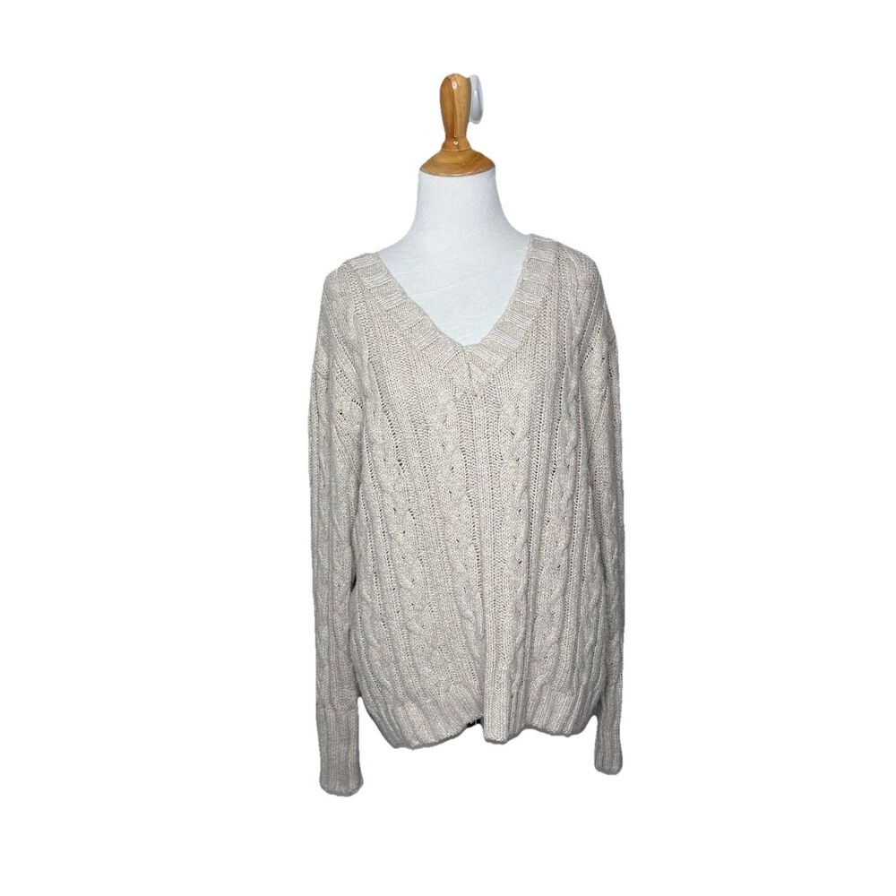 Olive & Oak Cream Beige V Neck Cable Knit Pullover Sweater Size Large Womens